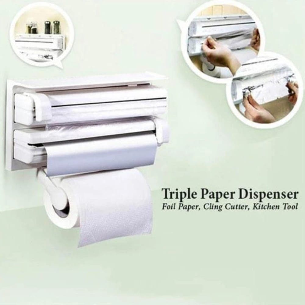 3 In 1 Multifunctional Kitchen Roll Holder, Cling Film Wall Mounted Paper Holder Shelf, Triple Food Wrap Dispenser, Kitchen Roll Holder With Spice Rack and Slide Cutter, Multifunctional Cling Film Cutter 3 In 1 Multifunctional Kitchen Roll Holder, Cling Film Wall Mounted Paper Holder Shelf, Triple Food Wrap Dispenser, Kitchen Roll Holder With Spice Rack and Slide Cutter, Multifunctional Cling Film Cutter
